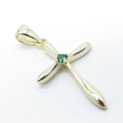 HAN 925 Sterling Silver Gold Plated Green C Z Cross Pendant