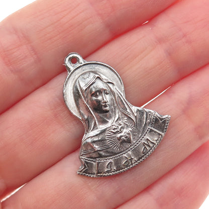 925 Sterling Silver Antique Art Deco St. Mary Religious Oxidized Charm Pendant