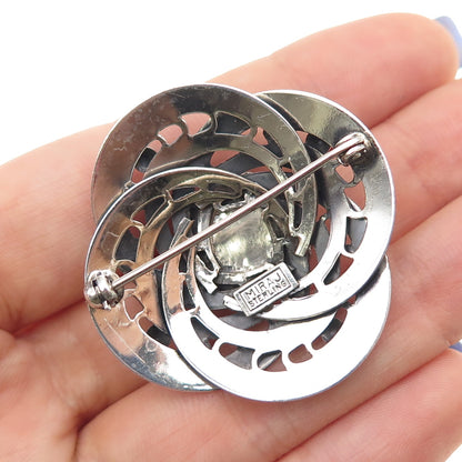 MIRAJ 925 Sterling Silver Vintage Glass Modernist Flower Oxidized Pin Brooch