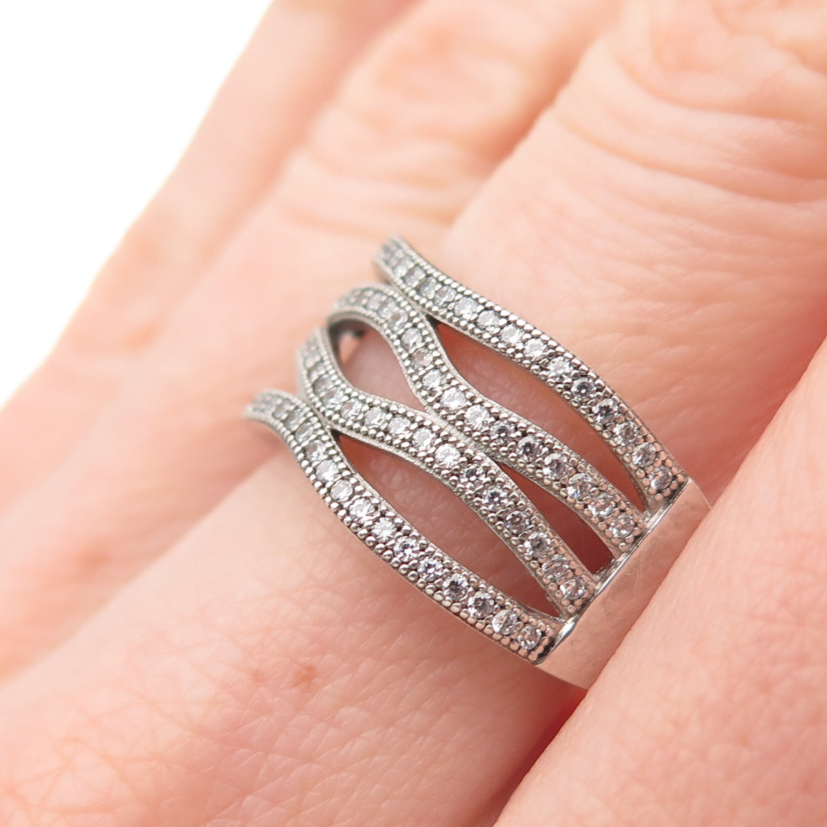 925 Sterling Silver Round-Cut C Z Crisscross Ring Size 7.25