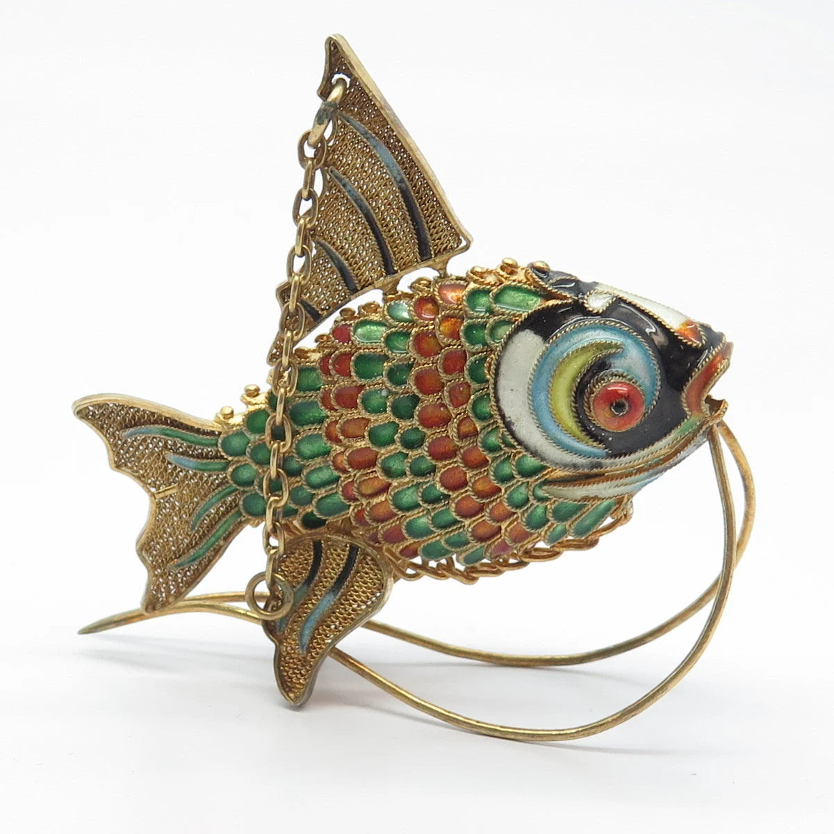 925 Sterling Silver Gold Plated Antique Enamel Chinese Koi Fish Articulated Fob