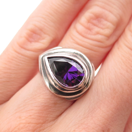 925 Sterling Silver Vintage Real Amethyst Modernist Oxidized Ring Size 5