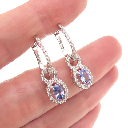 925 Sterling Silver Real Tanzanite & White Topaz Dangle Charm Hoop Earrings