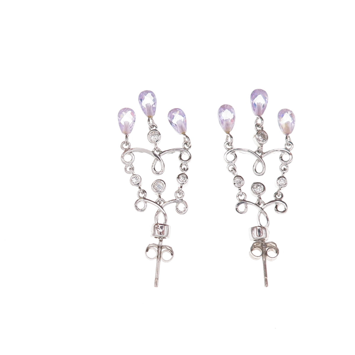 925 Sterling Silver Real Amethyst & C Z Chandelier Dangle Earrings