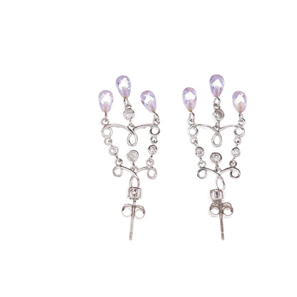 925 Sterling Silver Real Amethyst & C Z Chandelier Dangle Earrings