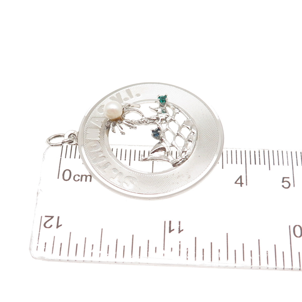 925 Sterling Silver Vintage Real Pearl & Rhinestone St. Thomas VI Charm Pendant