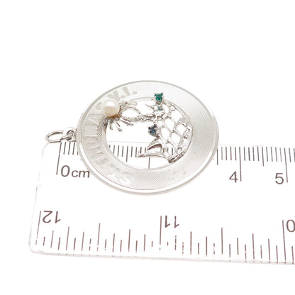 925 Sterling Silver Vintage Real Pearl & Rhinestone St. Thomas VI Charm Pendant