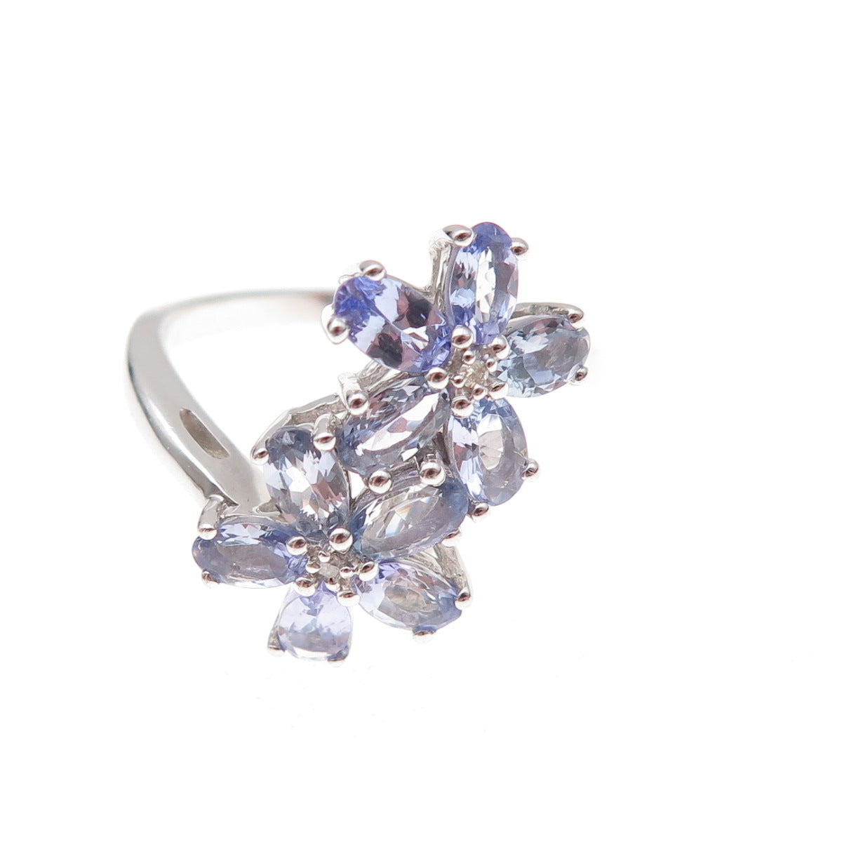 925 Sterling Silver Real Diamond & Tanzanite Floral Ring Size 8