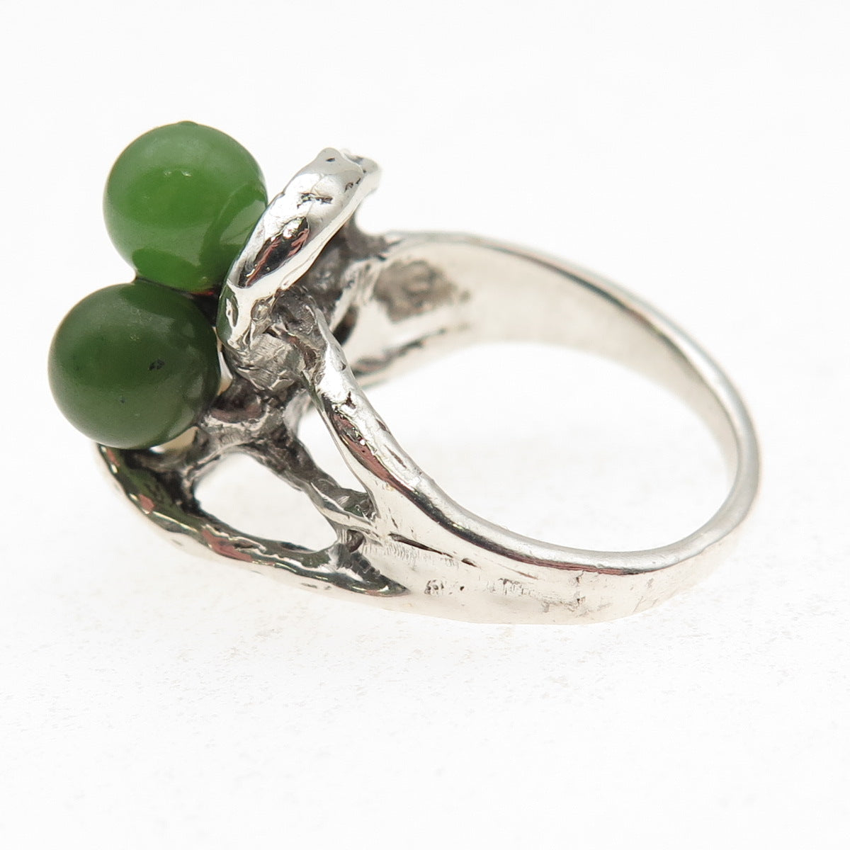 925 Sterling Silver Vintage Real Pearl & Jade Modernist Oxidized Ring Size 4.75