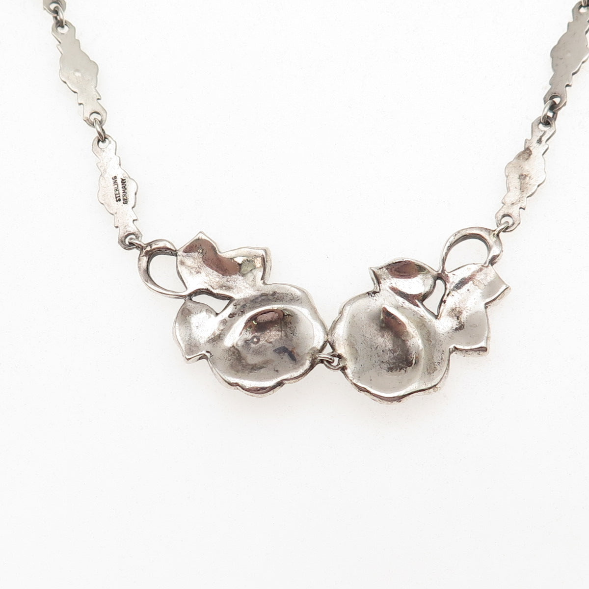 925 Sterling Antique Germany Marcasite Rose Necklace 16" (missing 19 stones)