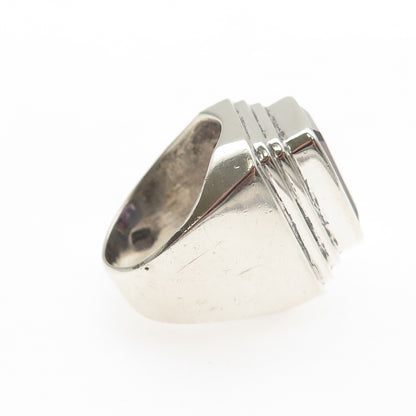 925 Sterling Silver Vintage Real Emerald-Cut Amethyst Modernist Ring Size 7.25