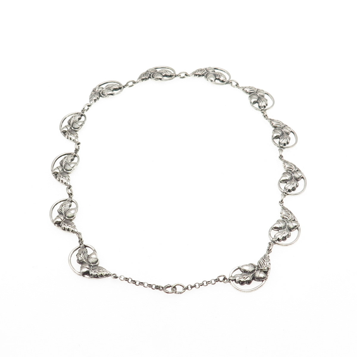 DANECRAFT 925 Sterling Silver Antique Art Deco Acorn Oxidized Chain Necklace 16"