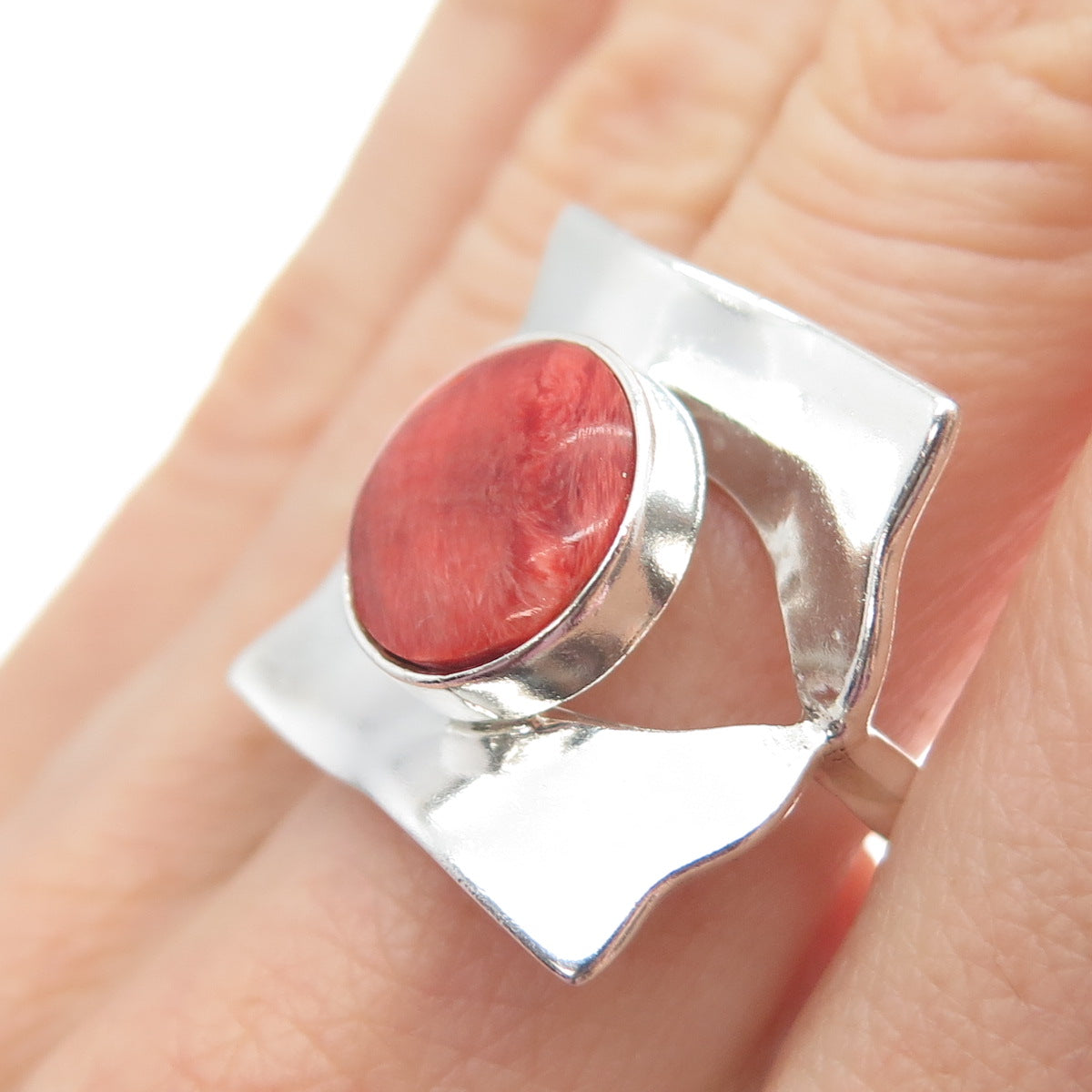 950 Silver Vintage Real Spiny Oyster Shell Modernist Square Ring Size 7.25