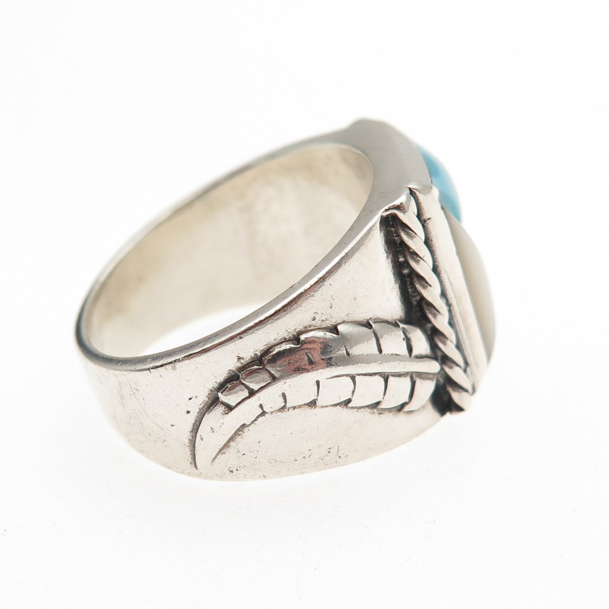 Silver Cloud Old Pawn 925 Sterling Vintage Turquoise & MOP Feather Ring Size 7