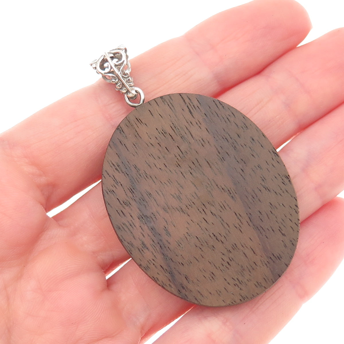 925 Sterling Silver Vintage Wood Floral Ornate Pendant