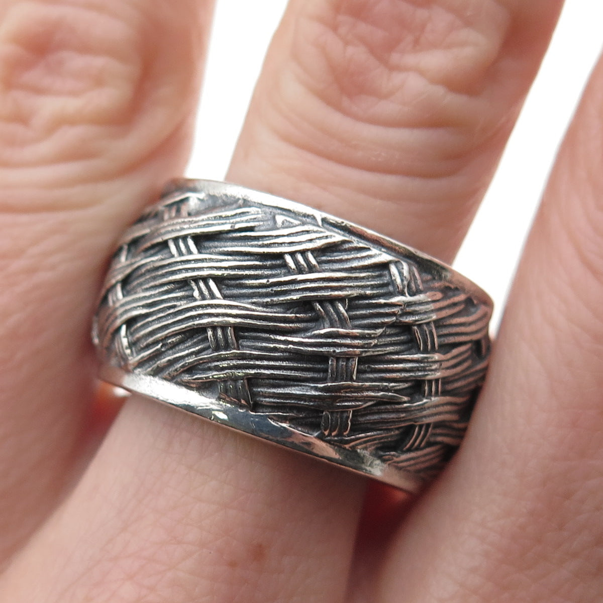 925 Sterling Silver Vintage Modernist Woven Oxidized Ring Size 8.5