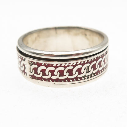 925 Sterling Silver Vintage Enamel Cuban Link Rotating Band Ring Size 14
