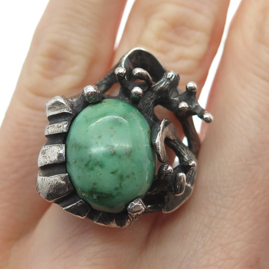 925 Sterling Silver Vintage Mexico Turquoise Brutalist Oxidized Ring Size 7.5