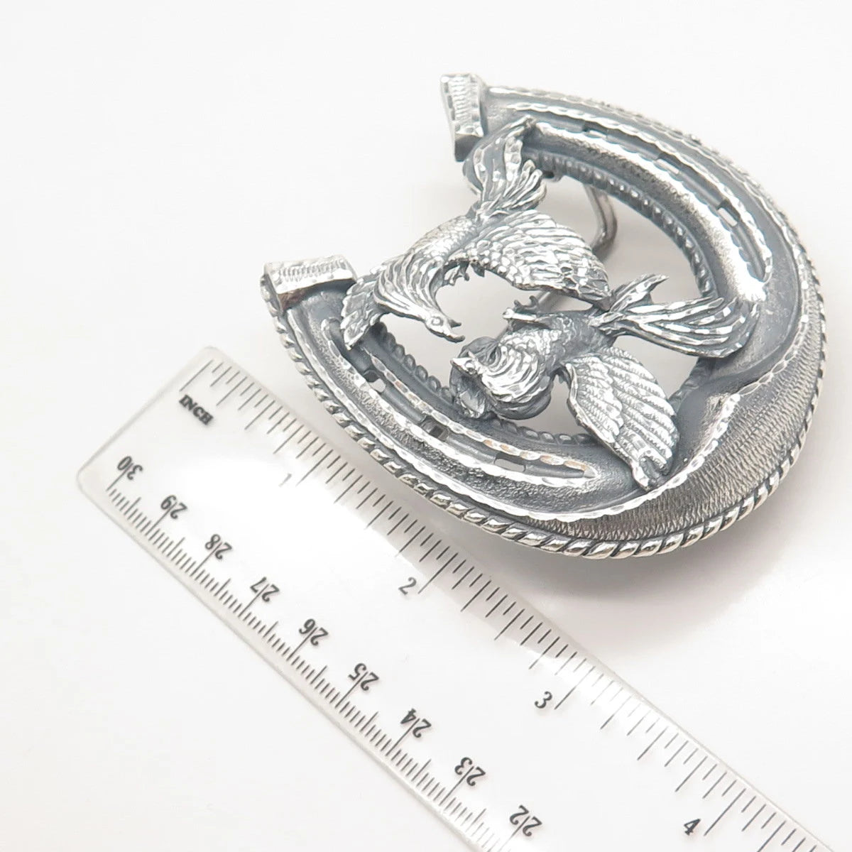 925 Sterling Silver Vintage Mexico Plata Horseshoe & Phoenix Birds Pin Brooch