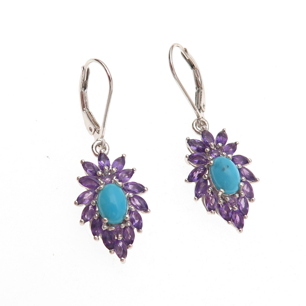 Chuck Clemency 925 Sterling Silver Real Turquoise & Amethyst Dangle Earrings