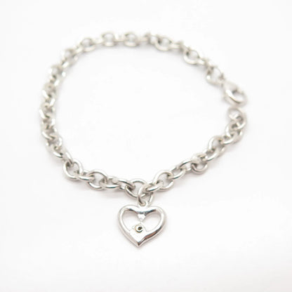 925 Sterling Silver / 14K Vintage Diamond Accent Heart Rolo Link Bracelet 6.5"