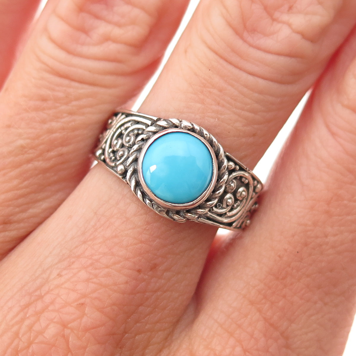 925 Sterling Silver Real Sleeping Beauty Turquoise Floral Oxidized Ring Size 8
