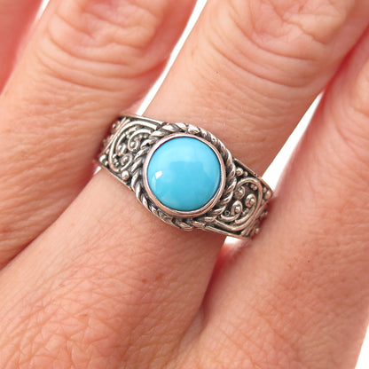 925 Sterling Silver Real Sleeping Beauty Turquoise Floral Oxidized Ring Size 8