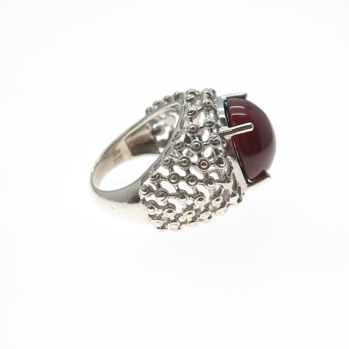 925 Sterling Silver Vintage Real Carnelian Modernist Beaded Mesh Ring Size 7.25