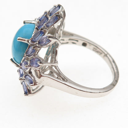 D'Joy 925 Sterling Silver Real Sleeping Beauty Turquoise & Tanzanite Ring Size 8