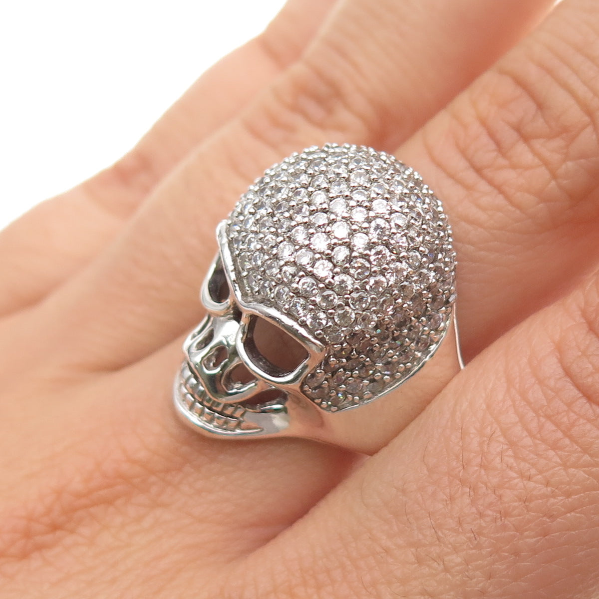 925 Sterling Silver Round-Cut C Z Skull Biker Ring Size 8.25