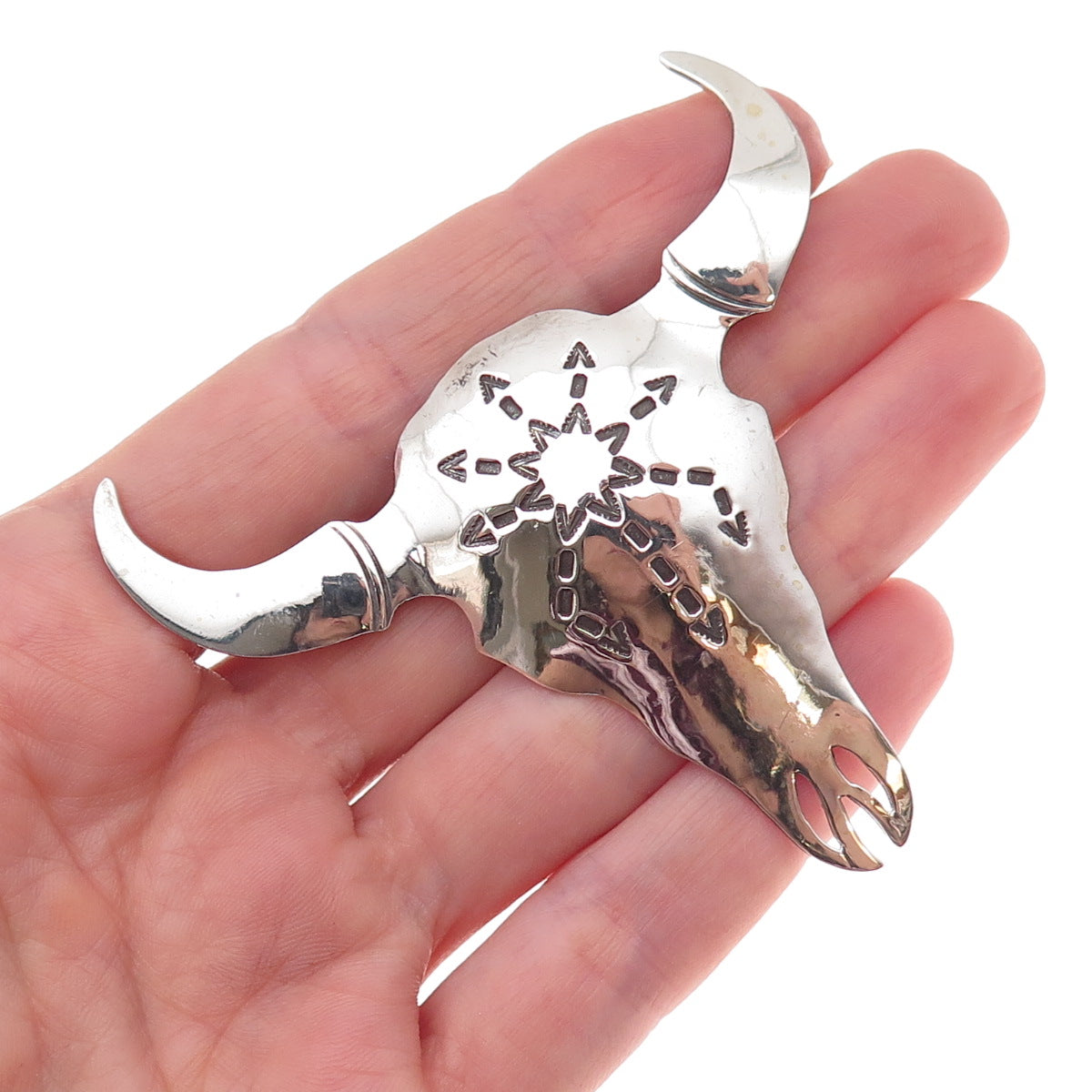 Ellwood Reynolds Old Pawn 925 Sterling Silver Vintage Buffalo Skull Pin Brooch