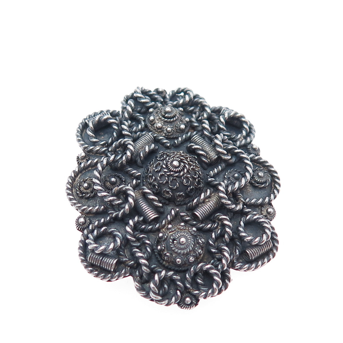 925 Sterling Silver Vintage Israel Cannetille Flower Oxidized Brooch / Pendant