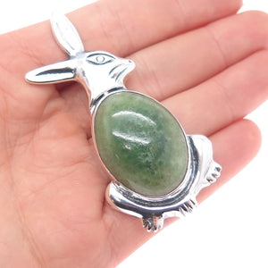 925 Sterling Silver Vintage Mexico Real Jade Rabbit Oxidized Pin Brooch