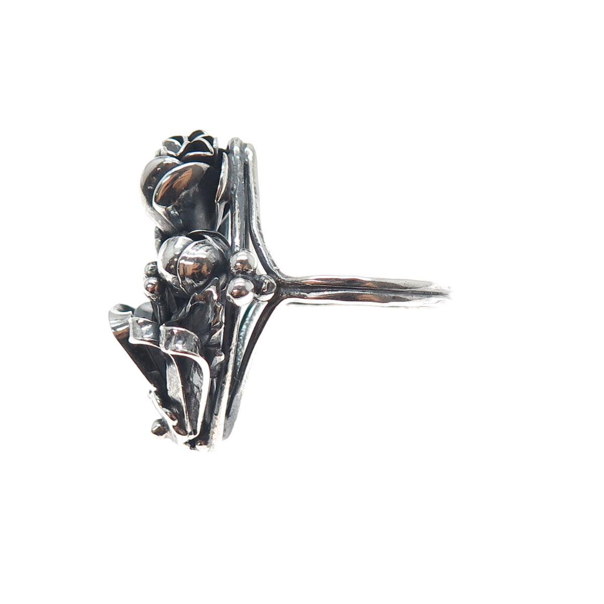 925 Sterling Silver Vintage Modernist Rose Flower Oxidized Ring Size 9