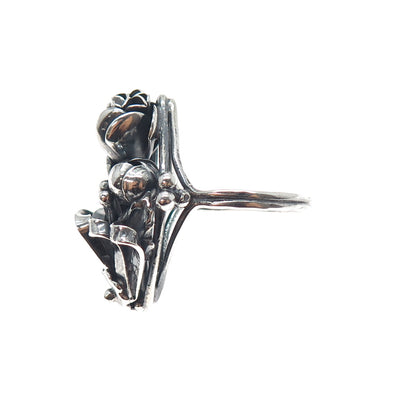 925 Sterling Silver Vintage Modernist Rose Flower Oxidized Ring Size 9