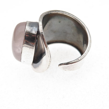925 Sterling Silver Vintage Real Rose Quartz Om Mantra Adjustable Ring Size 8.5