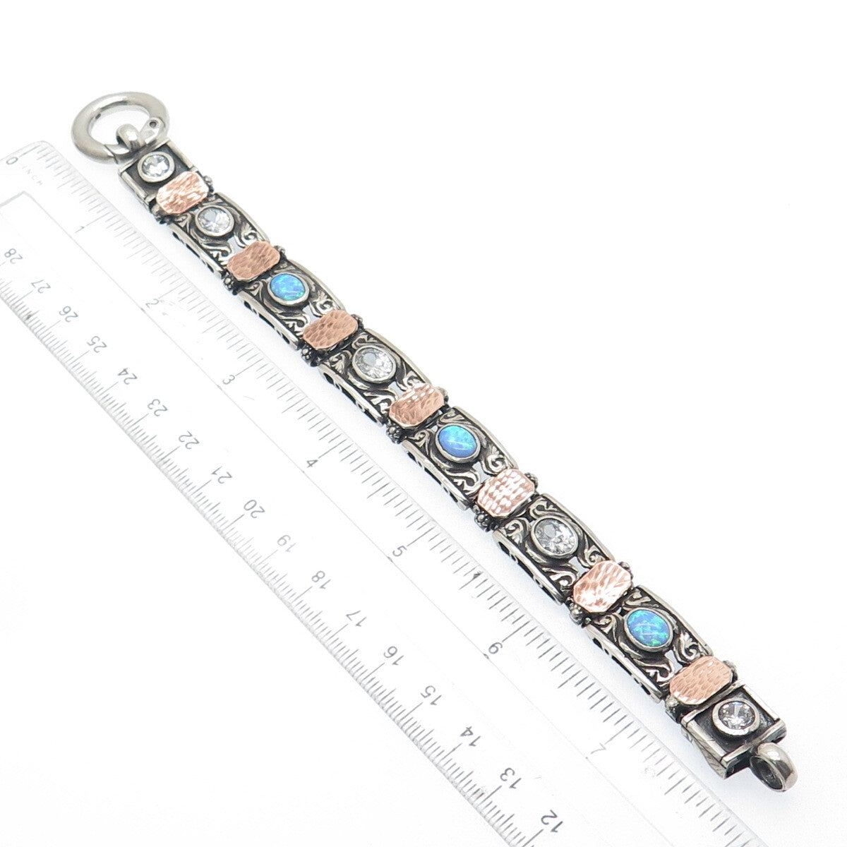 925 Sterling Silver 14K Rose Gold Vintage Real Opal & C Z Ornate Bracelet 7.75"