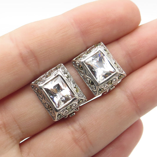 925 Sterling Silver Vintage Radiant-Cut C Z & Marcasite Clip On Earrings