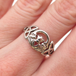925 Sterling Silver Vintage Irish Claddagh Celtic Trinity Knot Ring Size 6.75