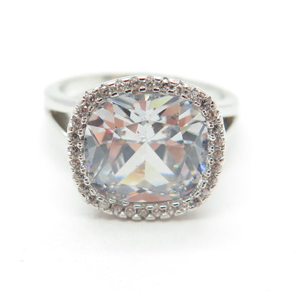 925 Sterling Silver Cushion & Round-Cut White C Z Engagement Ring Size 8