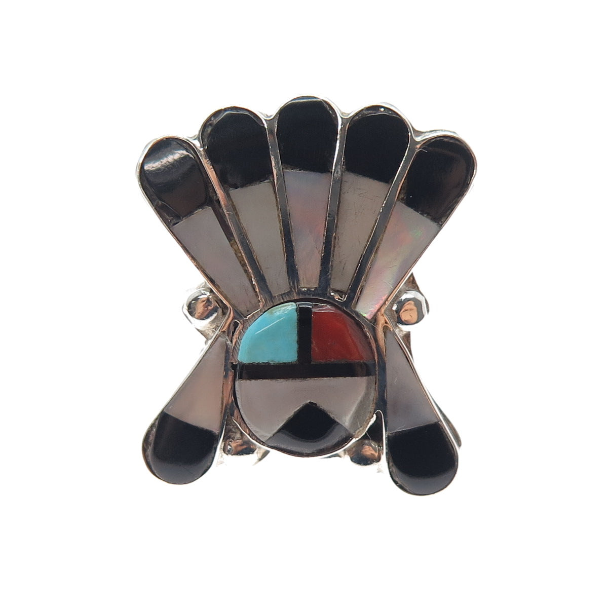 Old Pawn Zuni 925 Sterling Turquoise Coral Onyx MOP Indian Chief Ring Size 5.25