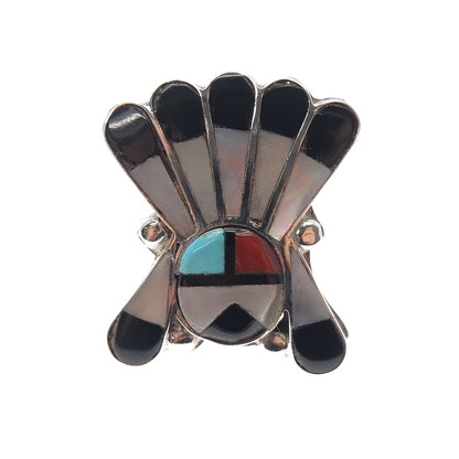 Old Pawn Zuni 925 Sterling Turquoise Coral Onyx MOP Indian Chief Ring Size 5.25