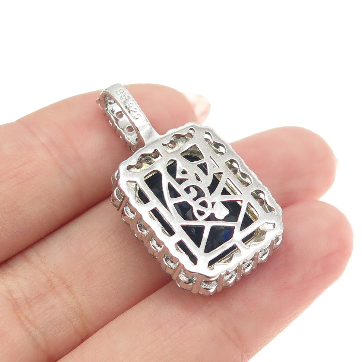 925 Sterling Silver Radiant-Cut Blue Glass & Round-Cut C Z Pendant