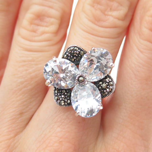 925 Sterling Silver Vintage Real Marcasite & Pear-Cut C Z Flower Ring Size 9