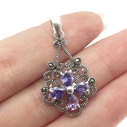 CHARLES WINSTON 925 Sterling Silver Vintage Real Amethyst & Marcasite Pendant