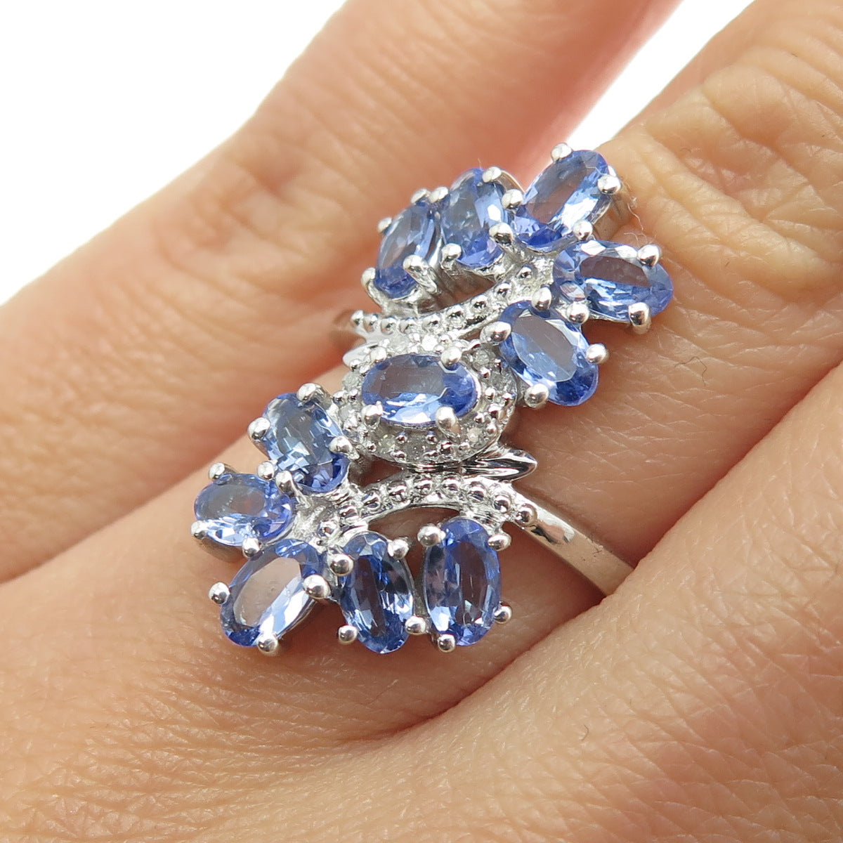 925 Sterling Silver Real Round-Cut Diamond & Tanzanite Bypass Ring Size 6