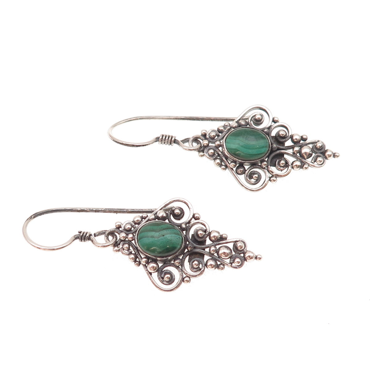 925 Sterling Silver Vintage Real Malachite Oxidized Beaded Dangle Earrings