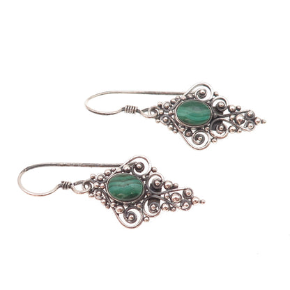 925 Sterling Silver Vintage Real Malachite Oxidized Beaded Dangle Earrings