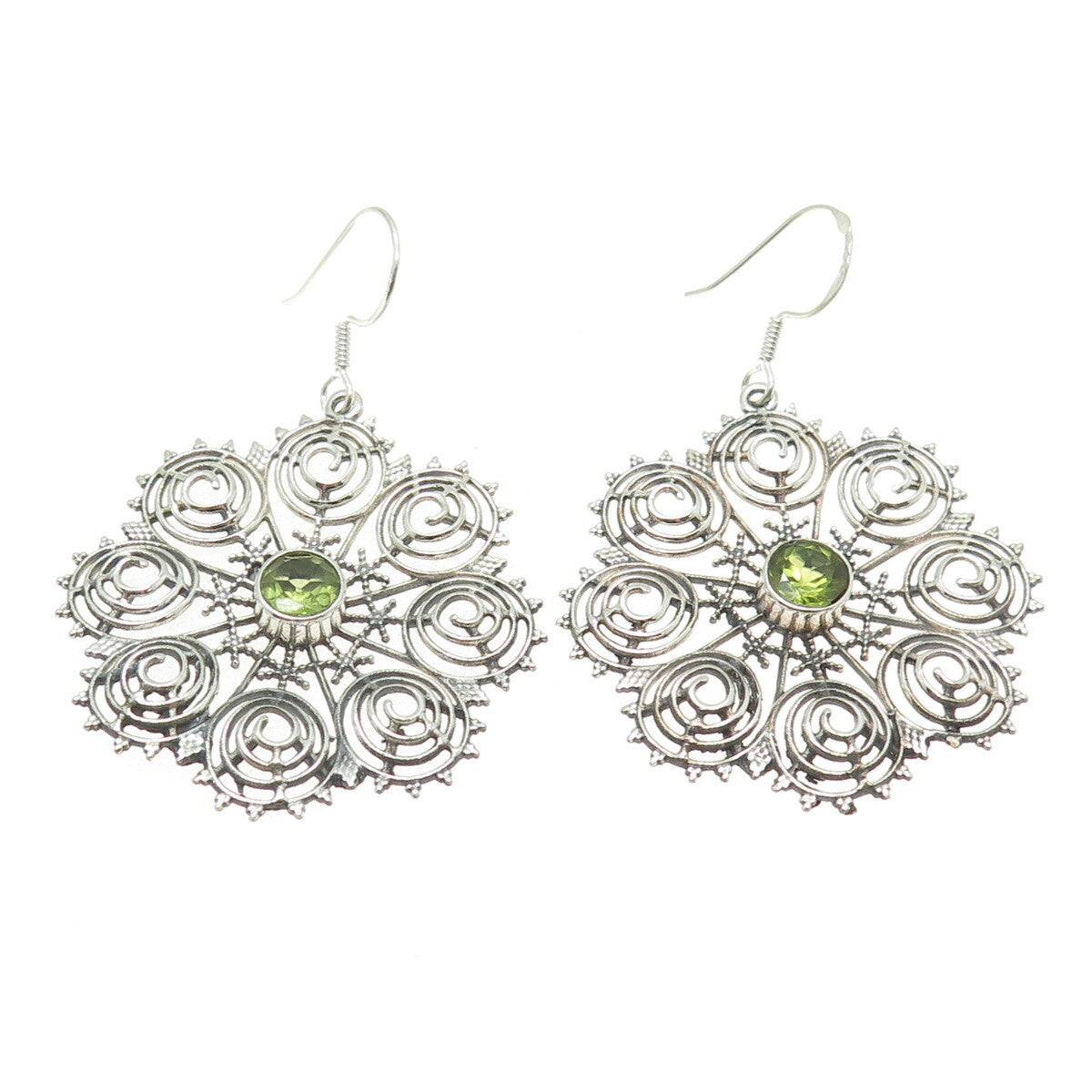 925 Sterling Silver Vintage Real Peridot Spiral Floral Dangle Earrings