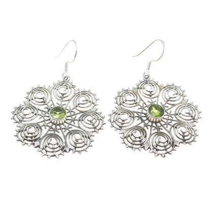 925 Sterling Silver Vintage Real Peridot Spiral Floral Dangle Earrings